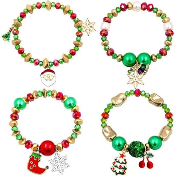 4 PCS Christmas Bracelet Set Santa Claus Snowflake Christmas Tree Beaded Stretch - Picture 8 of 8